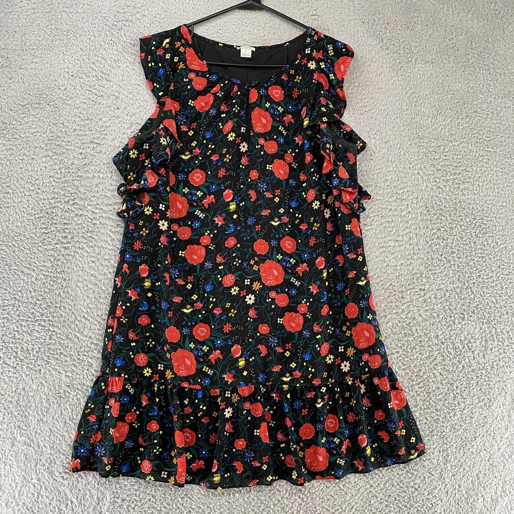 J Crew Dress Womens Medium Black Floral Ruffle Hem Flutter Boho Colorful Roses
